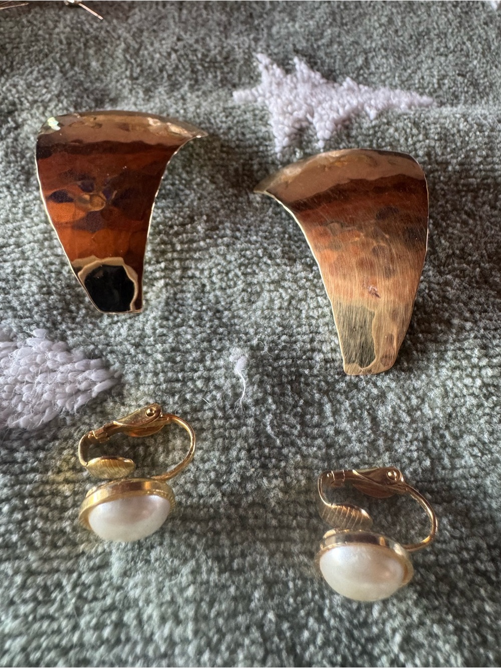 Vintage C.L. Barr Hammered Clip On Earrings Off Set Backs + Gold and Pearl Pair